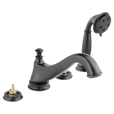 Click here to see Delta T4795-RBLHP Delta T4795-RBLHP Cassidy Roman Tub Faucet Trim w/ Hand Shower, Low Arc Spout, No Handles, Venetian Bronze