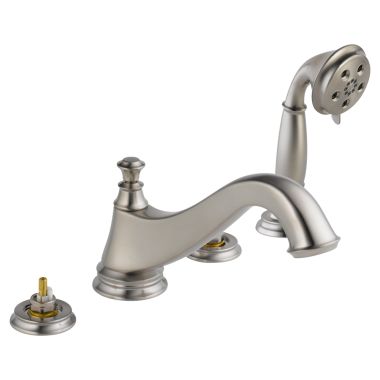 Click here to see Delta T4795-SSLHP Delta T4795-SSLHP Cassidy Roman Tub Faucet Trim w/ Hand Shower, Low Arc Spout, No Handles, Stainless