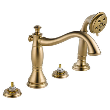 Click here to see Delta T4797-CZLHP Delta Cassidy Two-Handle Roman Tub Faucet Trim with 1.75 GPM Three-Setting Hand Shower, H2Okinetic, Hook Spout, Less Handle, Champagne Bronze - T4797-CZLHP