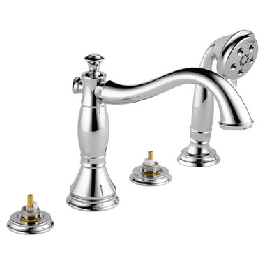 Click here to see Delta T4797-LHP Delta Cassidy Two-Handle Roman Tub Faucet Trim with 1.75 GPM Three-Setting Hand Shower, H2Okinetic, Hook Spout, Less Handle, Chrome - T4797-LHP
