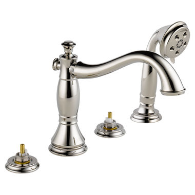 Click here to see Delta T4797-PNLHP Delta Cassidy Two-Handle Roman Tub Faucet Trim with 1.75 GPM Three-Setting Hand Shower, H2Okinetic, Hook Spout, Less Handle, Polished Nickel - T4797-PNLHP