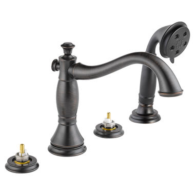 Click here to see Delta T4797-RBLHP Delta Cassidy Two-Handle Roman Tub Faucet Trim w/ 3-Setting Hand Shower, Hook Spout, Less Handle, Venetian Bronze - T4797-RBLHP