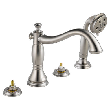 Click here to see Delta T4797-SSLHP Delta Cassidy Two-Handle Roman Tub Faucet Trim with 1.75 GPM Three-Setting Hand Shower, H2Okinetic, Hook Spout, Less Handle, Stainless - T4797-SSLHP