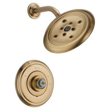 Click here to see Delta T14297-CZLHP Delta Cassidy Monitor 14 Series H2Okinetic Shower Faucet with Single-Setting Rain Showerhead, 1.75 GPM, Less Handle, Champagne Bronze - T14297-CZLHP
