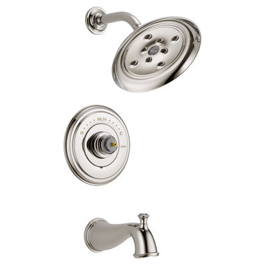 Click here to see Delta T14497-PNLHP Delta Cassidy Monitor 14 Series H2Okinetic Tub/Shower Faucet with Single-Setting Rain Showerhead, 1.75 GPM, Less Handle, Polished Nickel - T14497-PNLHP