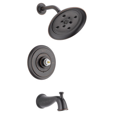 Click here to see Delta T14497-RBLHP Delta Cassidy Monitor 14 Series H2Okinetic Tub/Shower Faucet with Single-Setting Rain Showerhead, 1.75 GPM, Less Handle, Venetian Bronze - T14497-RBLHP