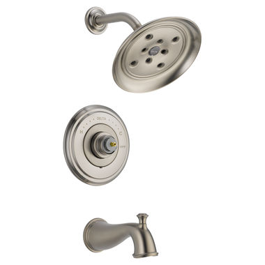 Click here to see Delta T14497-SSLHP Delta Cassidy Monitor 14 Series H2Okinetic Tub/Shower Faucet with Single-Setting Rain Showerhead, 1.75 GPM, Less Handle, Stainless - T14497-SSLHP
