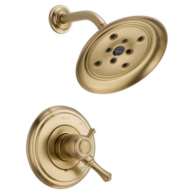Click here to see Delta T17297-CZ Delta Cassidy Monitor 17 Two-Handle H2Okinetic Shower Faucet with Volume Control, Single-Setting Showerhead, 1.75 GPM, Lever Handles, Champagne Bronze - T17297-CZ