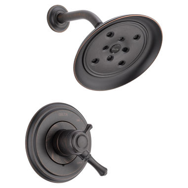 Click here to see Delta T17297-RB Delta Cassidy Monitor 17 Two-Handle H2Okinetic Shower Faucet with Volume Control, Single-Setting Showerhead, 1.75 GPM, Lever Handles, Venetian Bronze - T17297-RB