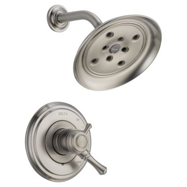 Click here to see Delta T17297-SS Delta Cassidy Monitor 17 Two-Handle H2Okinetic Shower Faucet with Volume Control, Single-Setting Showerhead, 1.75 GPM, Lever Handles, Stainless - T17297-SS