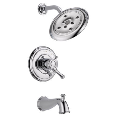 Click here to see Delta T17497 Delta Cassidy Monitor 17 Series Two-Handle Tub/Shower Faucet with H2Okinetic Rain Showerhead, 1.75 GPM, Lever Handles, Chrome - T17497