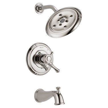 Click here to see Delta T17497-PN Delta Cassidy Monitor 17 Series Two-Handle Tub/Shower Faucet with H2Okinetic Rain Showerhead, 1.75 GPM, Lever Handles, Polished Nickel - T17497-PN