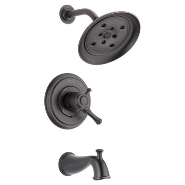 Click here to see Delta T17497-RB Delta Cassidy Monitor 17 Series Two-Handle Tub/Shower Faucet with H2Okinetic Rain Showerhead, 1.75 GPM, Lever Handles, Venetian Bronze - T17497-RB