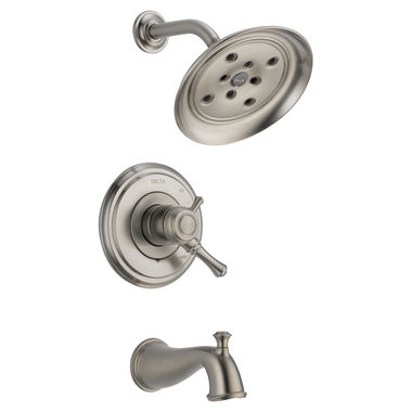 Click here to see Delta T17497-SS Delta Cassidy Monitor 17 Series Two-Handle Tub/Shower Faucet with H2Okinetic Rain Showerhead, 1.75 GPM, Lever Handles, Stainless - T17497-SS