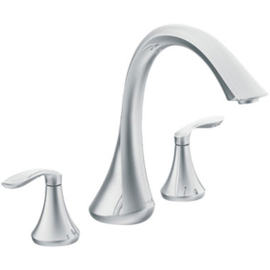 Click here to see Moen T943 Moen Eva Two-Handle Deck-Mount Roman Tub Faucet Trim, 3-Hole, High-Arc Spout, Lever Handles, ADA, Chrome - T943