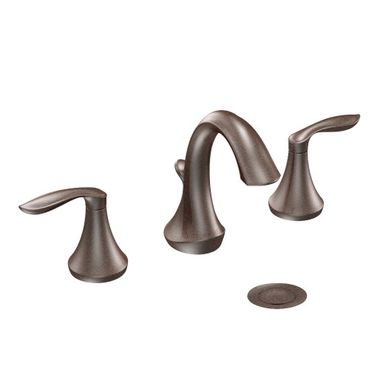 Click here to see Moen T6420ORB Moen Eva Two Handle High Arc Widespread Oil Rubbed Bronze Bathroom Faucet, 1.2 GPM, 60 PSI, WaterSense, Lever Handles, Three-Holes - T6420ORB