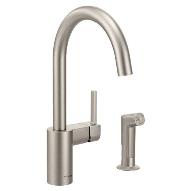 Click here to see Moen 7165SRS Moen Align Single Handle High Arc Kitchen Faucet w/ Side Spray, Spot Resist Stainless - 7165SRS
