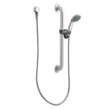 Click here to see Moen 52124GBM25 Moen Commercial 3-1/4in Single-Function Hand Shower with 24in Slide Bar/Grab Bar, Round, 2.5 GPM, ADA, Chrome/Stainless - 52124GBM25