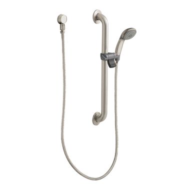 Click here to see Moen 52224GBM15CBN Moen Commercial 3-1/4in Single-Function Hand Shower with 24in Slide Bar/Grab Bar, Round, 1.5 GPM, WaterSense, ADA, Classic Brushed Nickel - 52224GBM15CBN