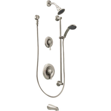 Click here to see Moen T8343EP15CBN Moen Commercial Tub/Shower Faucet with Handheld Shower and Slide Bar, 1.5 GPM, 1-Function, Dual Lever Handle, Classic Brushed Nickel - T8343EP15CBN