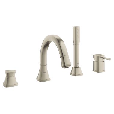 Click here to see Grohe 19936EN0 Grohe Grandera Single-Handle Deck-Mount Roman Tub Faucet with 2.0 GPM Hand Shower, 4-Hole, Lever Handle, Brushed Nickel - 19936EN0