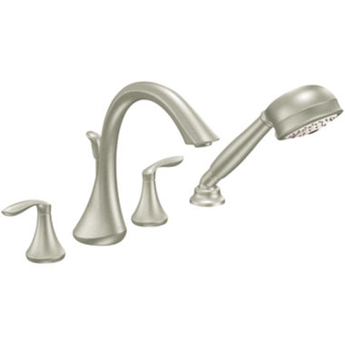 Click here to see Moen T944BN Moen Eva Two-Handle Roman Tub Faucet Trim with 1.75 GPM One-Function Hand Shower, High Arc Spout, Lever Handles, M-PACT, Brushed Nickel - T944BN