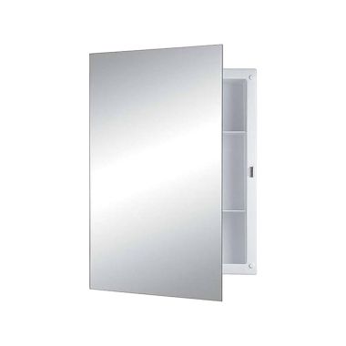 Click here to see Jensen B7233 Jensen Horizon 16in x 22in White Recess-Mounted Medicine Cabinet with Frameless Polished Edges Mirror Door, Reversible Door Swing, Plastic Shelves - B7233