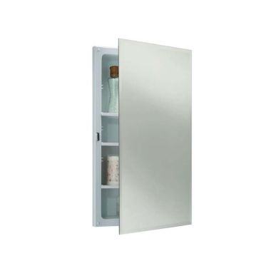 Click here to see Jensen B773385 Jensen Horizon 16in x 26in White Recess-Mounted Medicine Cabinet with Frameless Bevelled Edges Mirror Door, Reversible Door Swing, Plastic Shelves - B773385
