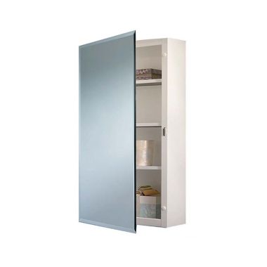 Click here to see Jensen 268P26WH Jensen Topsider 16in x 26in White Medicine Cabinet with Frameless Bevelled Mirror Door, Reversible Door Swing, Fixed Shelves - 268P26WH