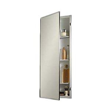 Click here to see Jensen 84024SS Jensen S-Cube Polished Stainless Steel 26in Recessed Medicine Cabinet with Flat Mirror, Reversible Door Swing, Adjustable Glass Shelves - 84024SS 