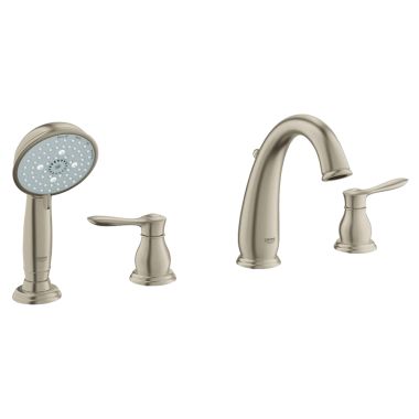 Click here to see Grohe 25153EN0 Grohe Parkfield Two-Handle Deck-Mount Roman Tub Faucet with Hand Shower, 4-Hole, Lever Handles, Brushed Nickel - 25153EN0