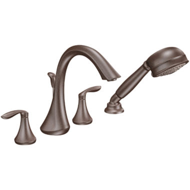 Click here to see Moen T944ORB Moen Eva Two-Handle Roman Tub Faucet Trim with 1.75 GPM One-Function Hand Shower, High Arc Spout, Lever Handles, M-PACT, Oil Rubbed Bronze - T944ORB