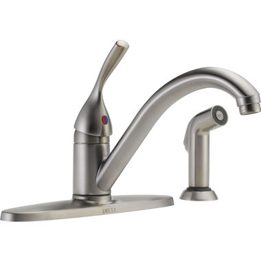 Click here to see Delta 400-SS-DST Delta Classic Single Handle Kitchen Faucet w/ Side Spray, Stainless Steel - 400–SS–DST