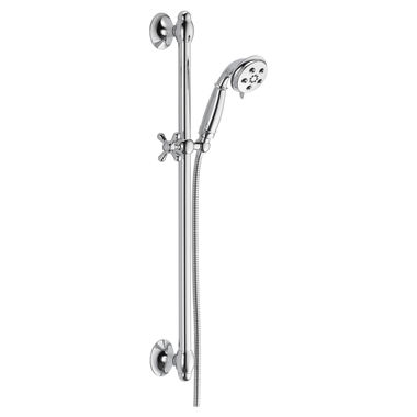 Click here to see Delta 51308 Delta Universal Showering 3-Setting Hand Shower with Slide Bar, H2Okinetic, WaterSense, 1.75 GPM, Chrome - 51308