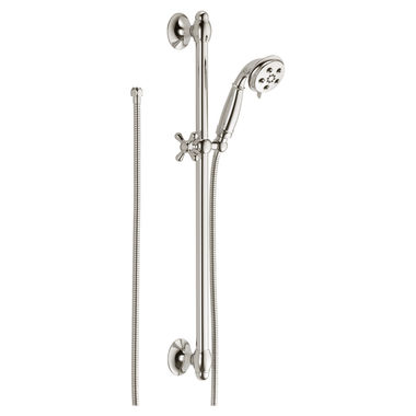 Click here to see Delta 51308-PN Delta Universal Showering 3-Setting Hand Shower with Slide Bar, H2Okinetic, WaterSense, 1.75 GPM, Polished Nickel - 51308-PN
