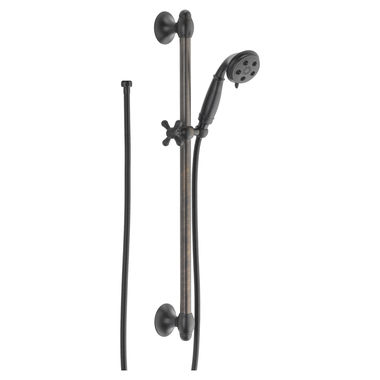 Click here to see Delta 51308-RB Delta Universal Showering 3-Setting Hand Shower with Slide Bar, H2Okinetic, WaterSense, 1.75 GPM, Venetian Bronze - 51308-RB