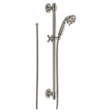 Click here to see Delta 51308-SS Delta Universal Showering 3-Setting Hand Shower with Slide Bar, H2Okinetic, WaterSense, 1.75 GPM, Stainless - 51308-SS