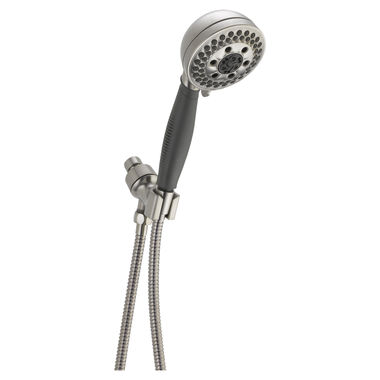 Click here to see Delta 54445-SS-PK Delta H2Okinetic 5-Setting Hand Shower with Adjustable Shower Mount and Stretchable Metal Hose, 1.75 GPM, Dual-Check Valves, Brilliance Stainless - 54445-SS-PK