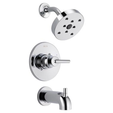 Click here to see Delta T14459 Delta Trinsic Monitor 14 Series H2Okinetic Tub/Shower Faucet with Rain Showerhead, Single-Handle, 1.75 GPM, Lever Handle, Chrome - T14459