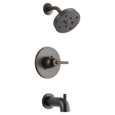 Click here to see Delta T14459-RB Delta Trinsic Monitor 14 Series H2Okinetic Tub/Shower Faucet with Rain Showerhead, Single-Handle, 1.75 GPM, Lever Handle, Venetian Bronze - T14459-RB