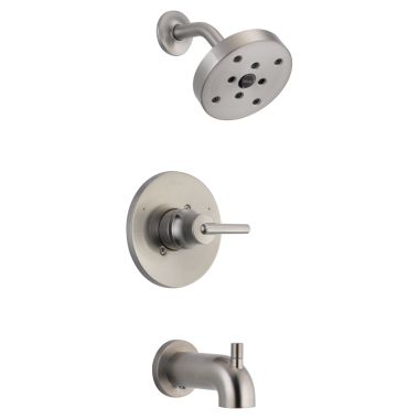 Click here to see Delta T14459-SS Delta Trinsic Monitor 14 Series H2Okinetic Tub/Shower Faucet with Rain Showerhead, Single-Handle, 1.75 GPM, Lever Handle, Stainless - T14459-SS
