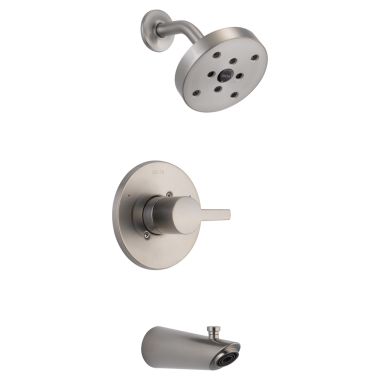 Click here to see Delta T14461-SS Delta Compel Monitor 14 Series Single-Handle H2Okinetic Tub/Shower Faucet with Rain Showerhead, 1.75 GPM, Lever Handle, MultiChoice, Stainless - T14461-SS