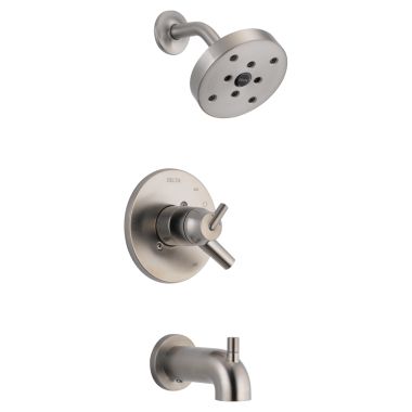 Click here to see Delta T17459-SS Delta Trinsic Monitor 17 Series H2Okinetic Tub/Shower Faucet with Volume Control, Two-Handle, 1.75 GPM, Lever Handle, Stainless - T17459-SS