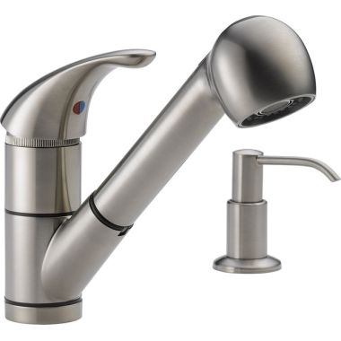 Click here to see Peerless P18550LF-SSSD-W Peerless Choice Single-Handle Pull-Out Kitchen Faucet w/ Soap Dispenser, Stainless Steel - P18550LF-SSSD-W
