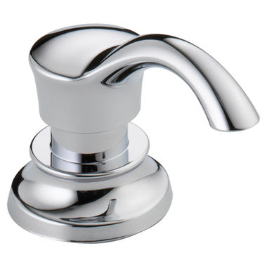 Click here to see Delta RP71543 Delta Cassidy Chrome Soap/Lotion Dispenser with Refill Funnel, 13oz Capacity, 2-1/2in Deck Thickness - RP71543