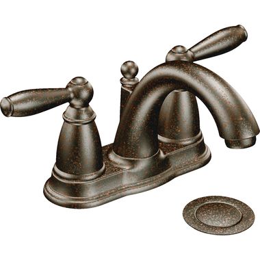 Click here to see Moen 6610ORB Moen Brantford Two-Handle High Arc Oil-Rubbed Bronze Centerset Bathroom Faucet with Metal Pop-Up, 1.2 GPM, ADA Lever Handle, WaterSense, Three-Hole - 6610ORB