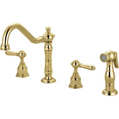 Click here to see Pioneer 2AM201-PB Pioneer Americana Two Handle Widespread Kitchen Faucet w/ Side Spray, Polished Brass - 2AM201-PB