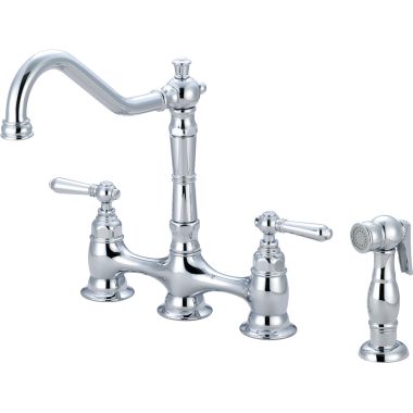 Click here to see Pioneer 2AM501 Pioneer Americana Two-Handle Bridge Kitchen Faucet with Side Spray, 1.5 GPM, 4-Hole, Metal Lever Handles, ADA, Chrome - 2AM501