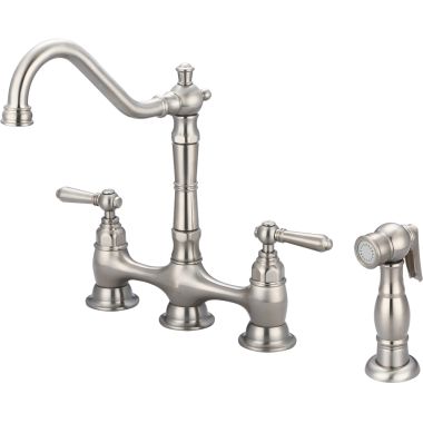 Click here to see Pioneer 2AM501-BN Pioneer Americana Two-Handle Bridge Kitchen Faucet with Side Spray, 1.5 GPM, 4-Hole, Metal Lever Handles, ADA, PVD Brushed Nickel - 2AM501-BN