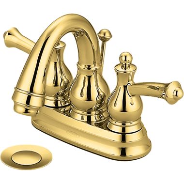 Click here to see Pioneer 3BL100-PB Pioneer Bellaire Centerset Bathroom Faucet with Pop-Up Drain, Two-Handle, 1.5 GPM, Metal Lever Handle, ADA, PVD Polished Brass - 3BL100-PB